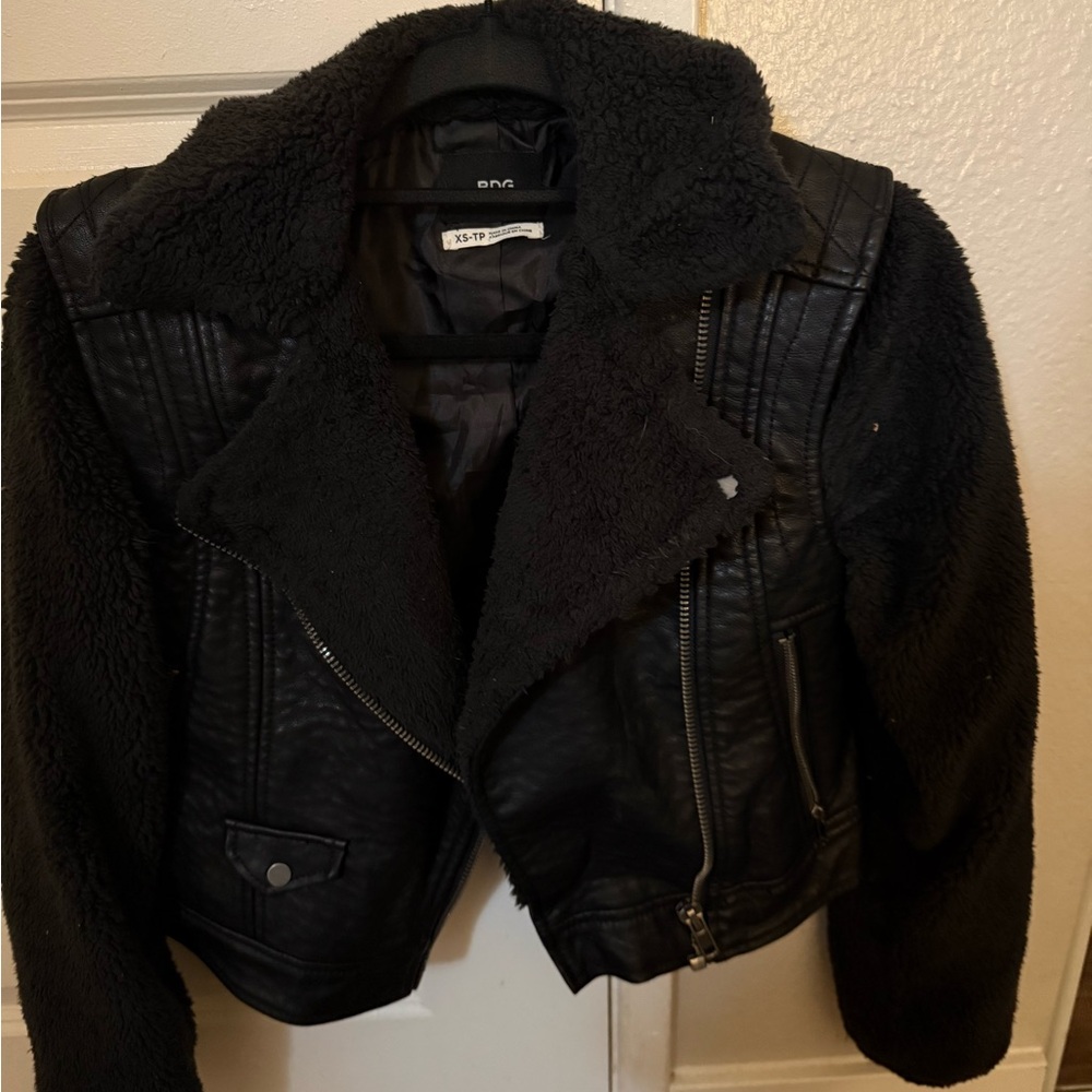 BDG Black Leather Jacket with Sherpa Lining
